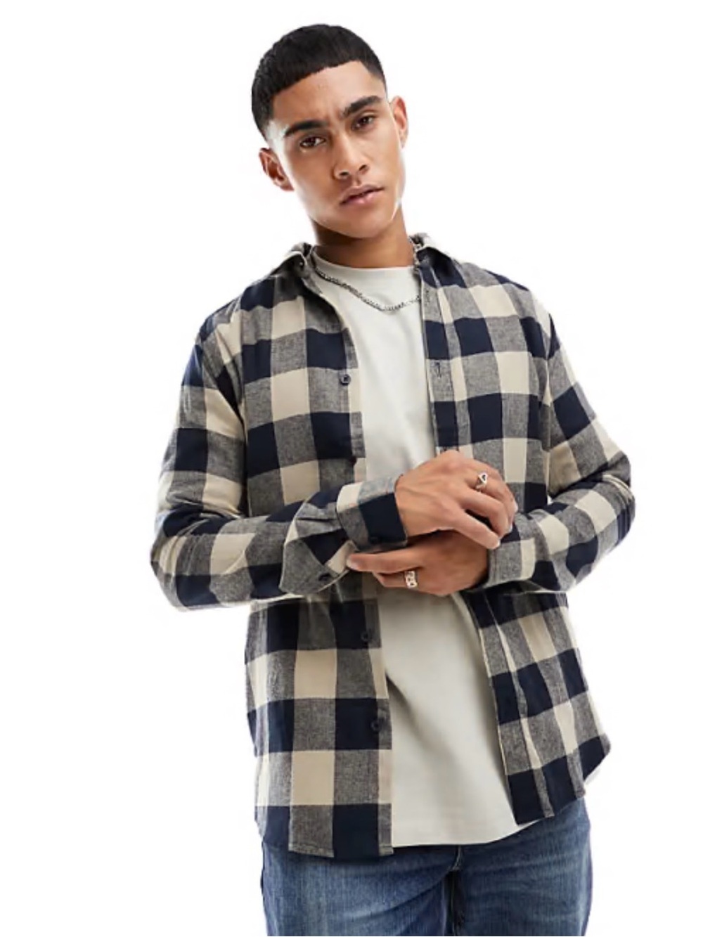 ONLY & SONS Beige and Black Buffalo Plaid Button-Up Shirt